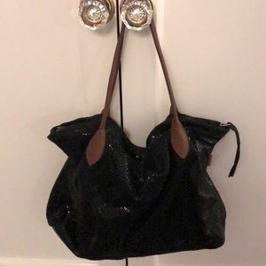 Sorial New York Black Faux Snakeskin Tote with Brown Leather Straps